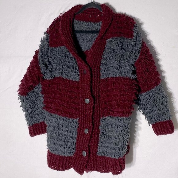 Hand Knit Burgundy Grey Striped Loopy Stitch Knit Button Up Cardigan XXL - Picture 2 of 12